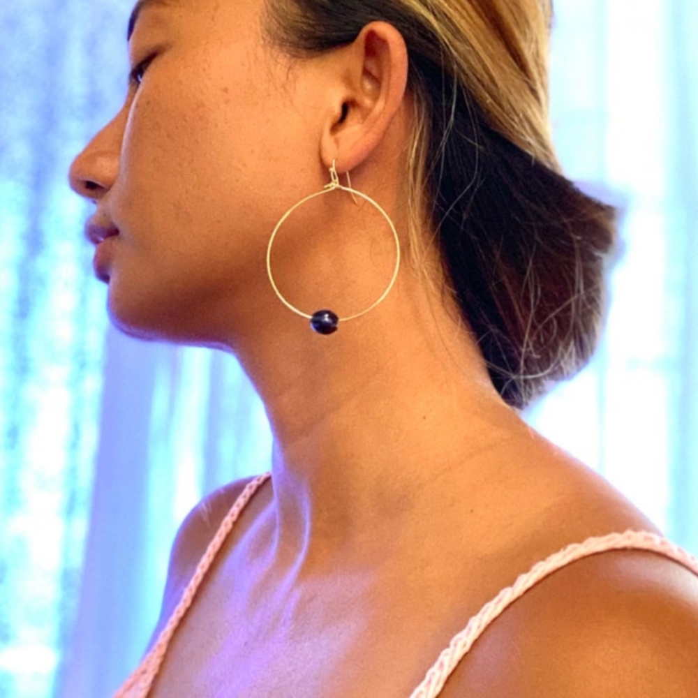 Navy blue freshwater pearl hoop earrings